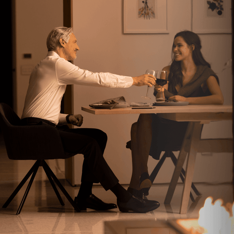 A dining space set for the evening