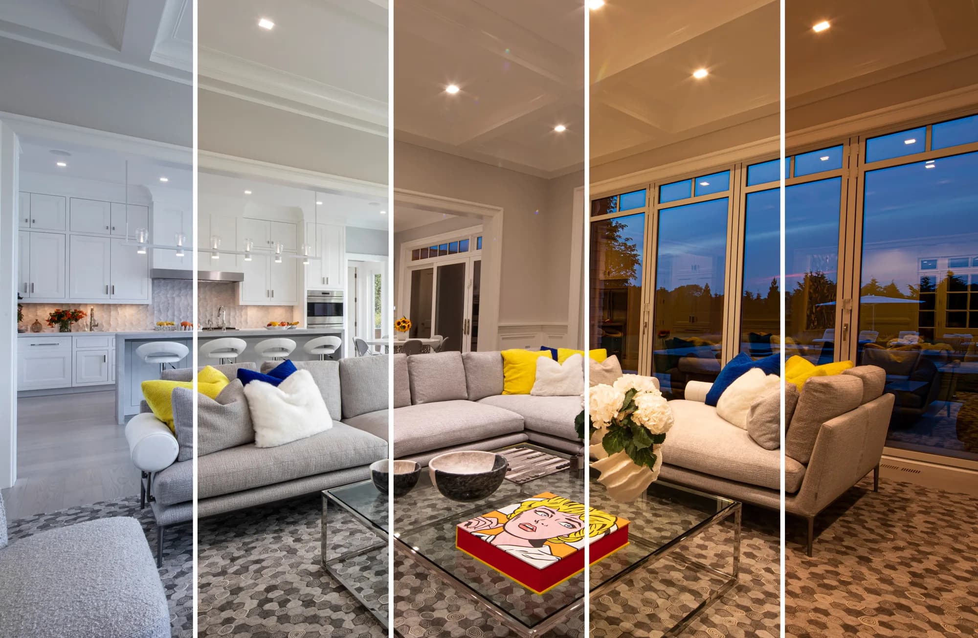 An East End wellness estate lit by circadian lighting at dusk, glass open to the landscape