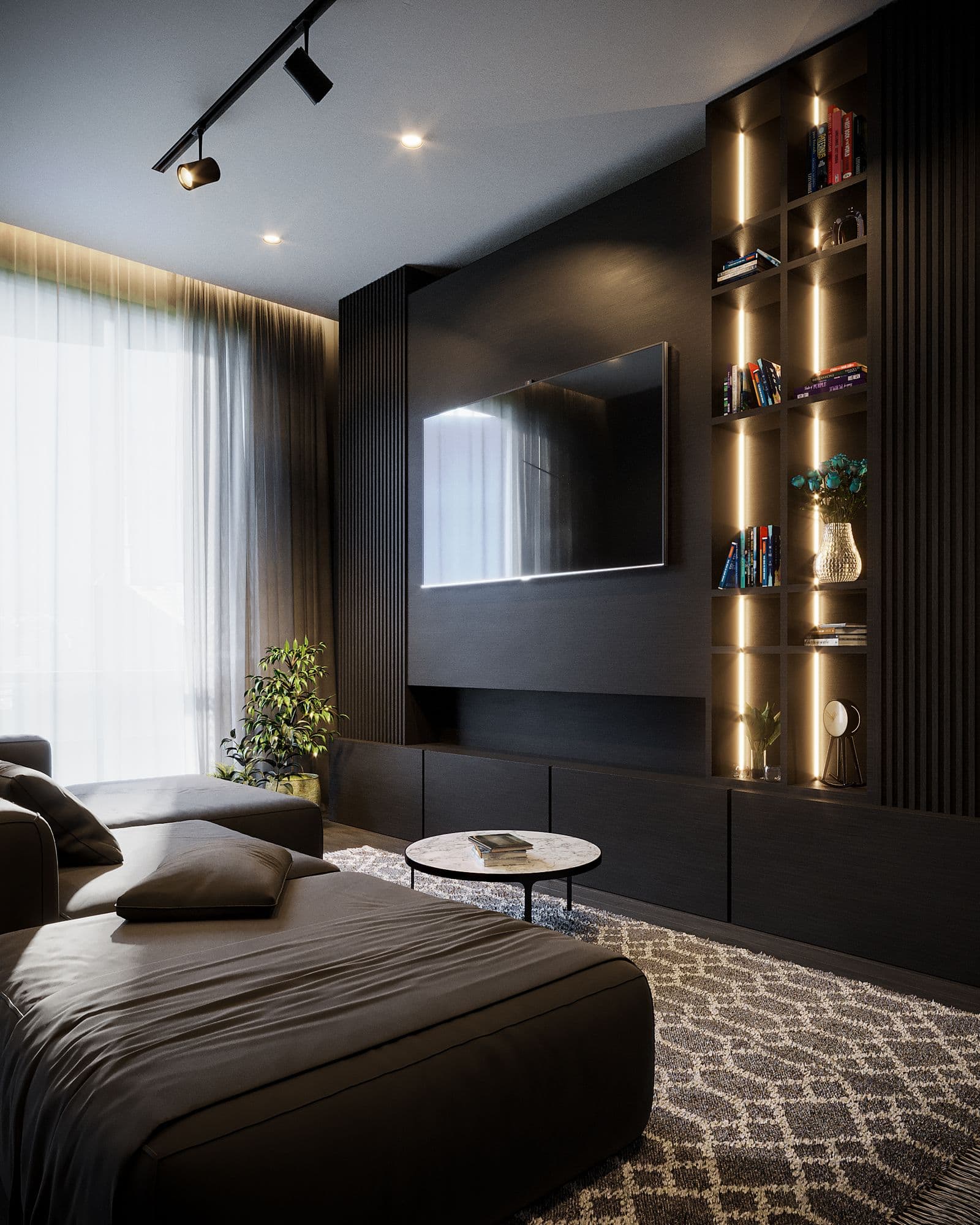 A sleek media wall in an evening living room, the whole house on one system