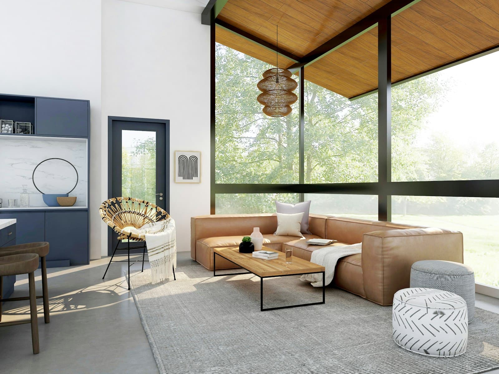A warm living room where lighting, shades, and climate move together