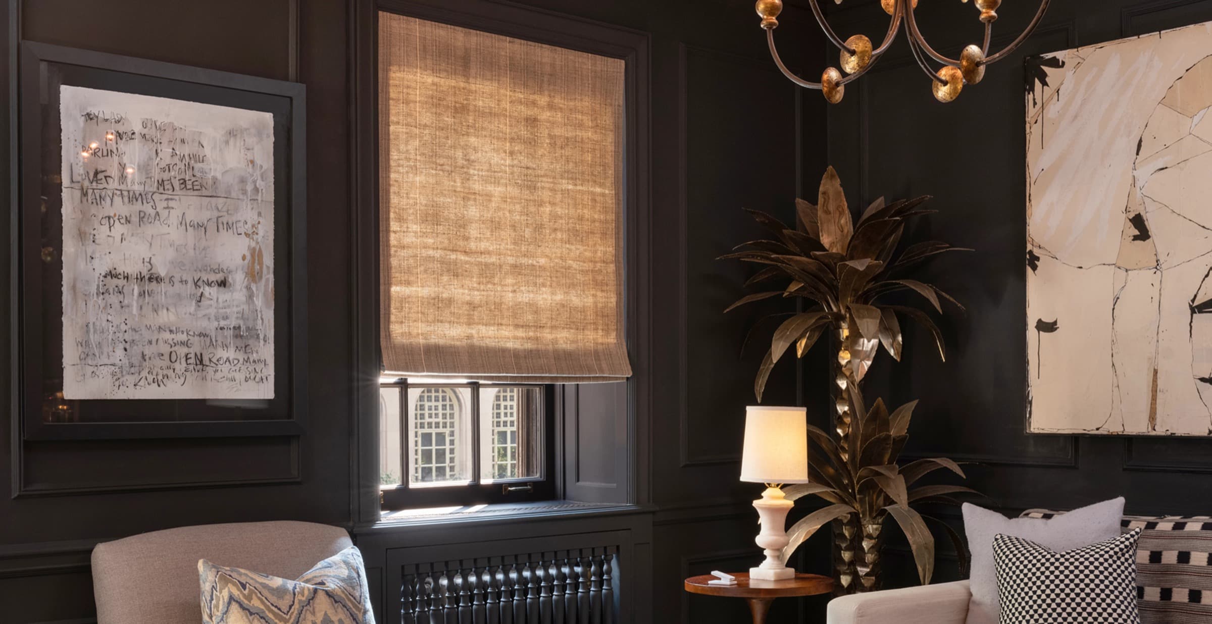 A dim room at evening, Lutron shades lowered in silence