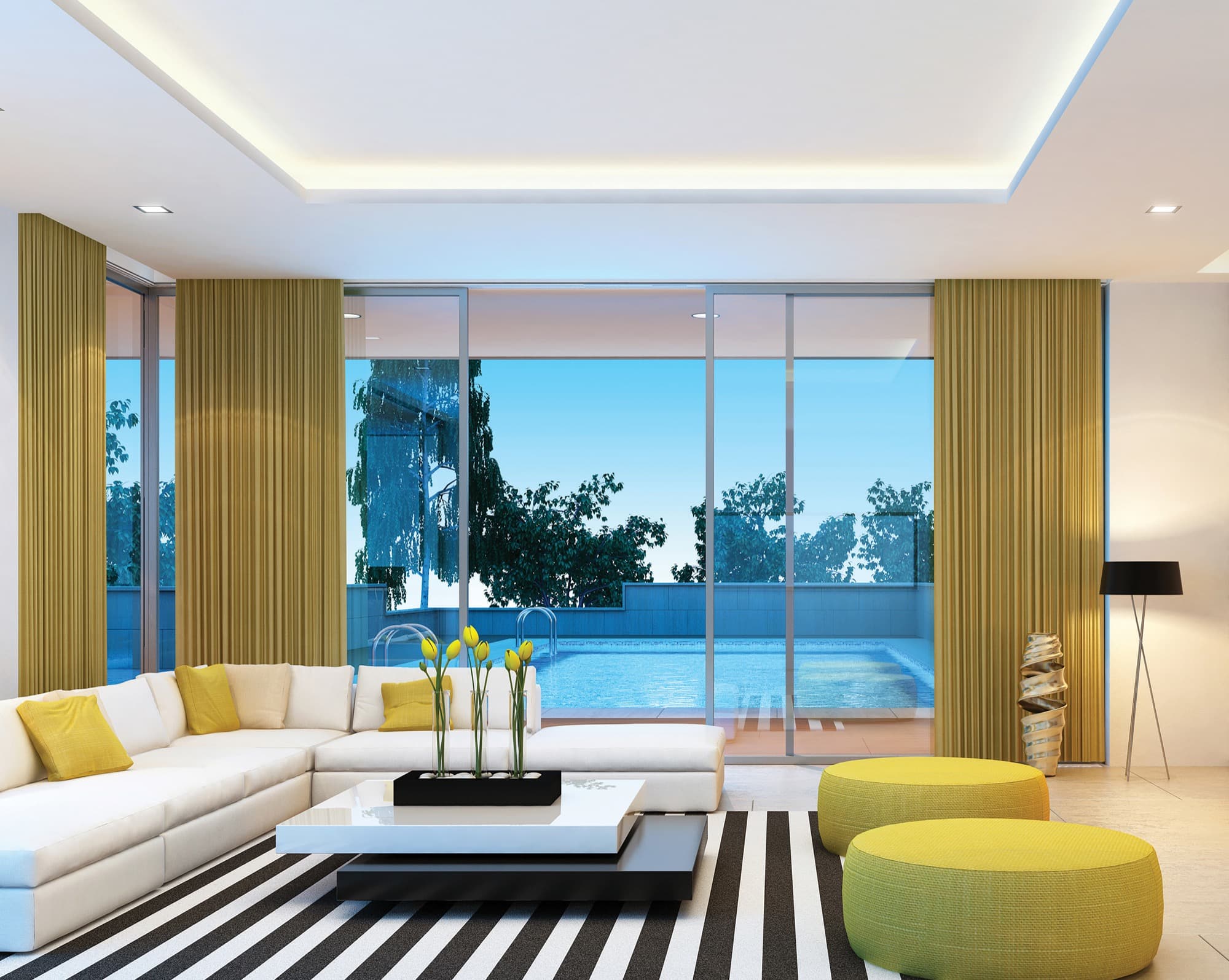 A room of Lutron shades holding a single, even line across a wall of windows