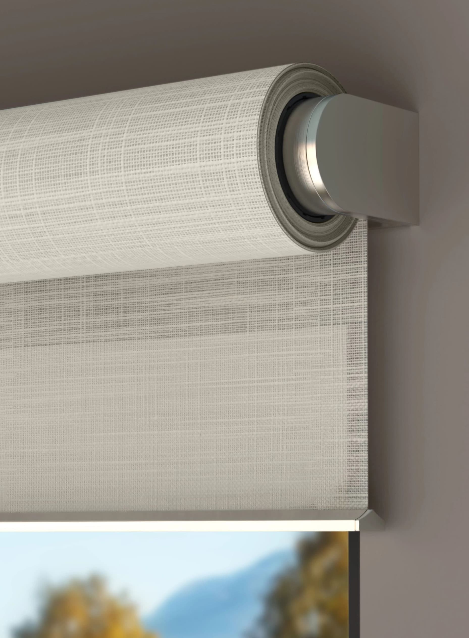 A Lutron Sivoia QS roller shade in natural textile, daylight glowing through the weave