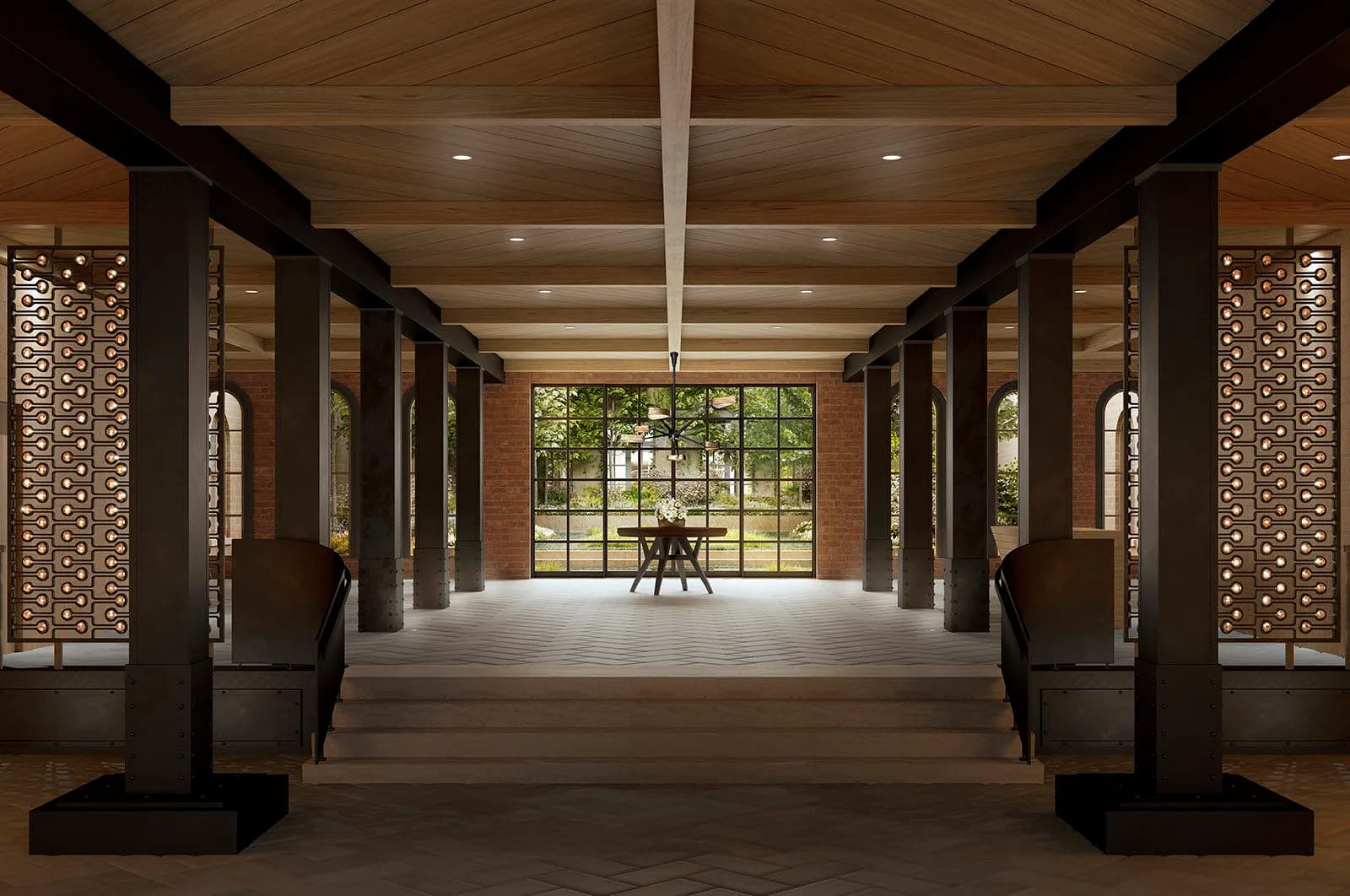 The 443 Greenwich lobby, restored iron columns and a garden window