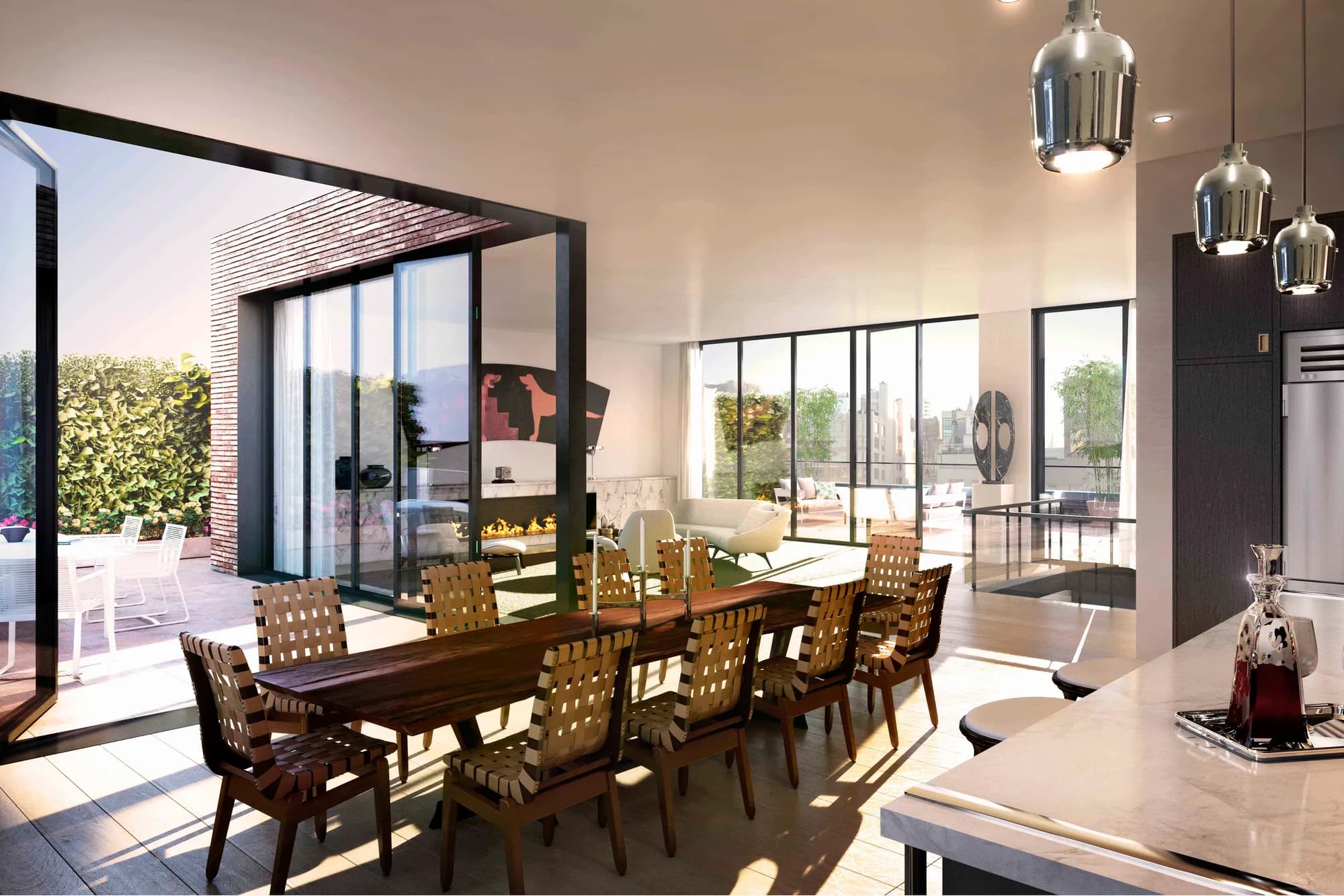 A penthouse great room opening to a planted terrace above Tribeca