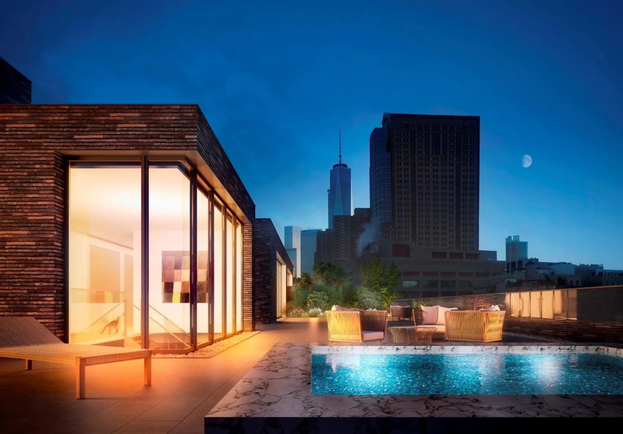 443 Greenwich, a landmark Tribeca conversion, its rooftop pool above the downtown skyline