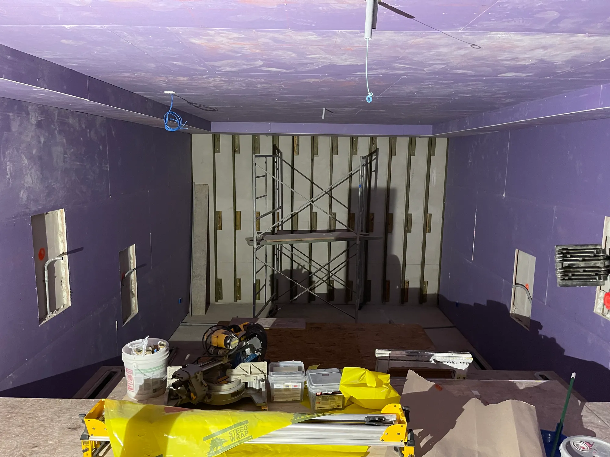 The dedicated cinema framed and acoustically treated, before the finish panels