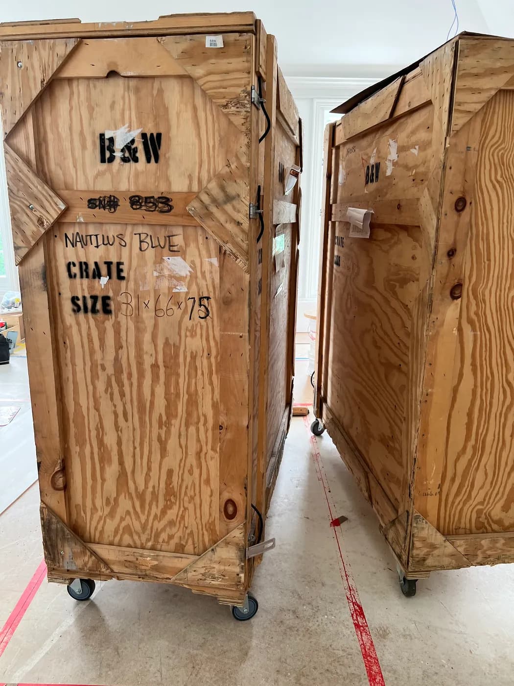 A Bowers & Wilkins Nautilus speaker crate, shipped to the island