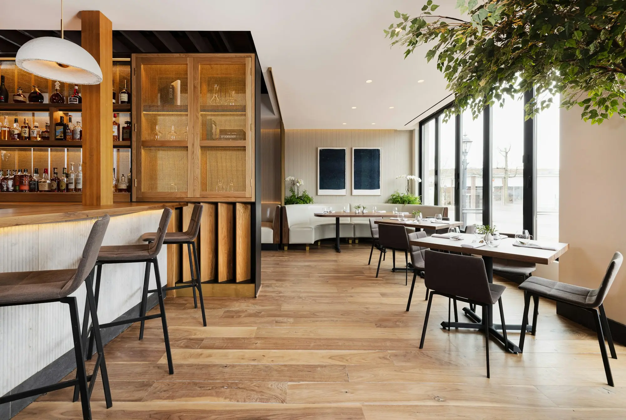 Elm restaurant in New Canaan, its dining room and bar in warm walnut