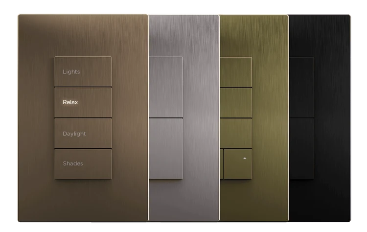 The Savant Ascend keypad in four machined metal finishes, engraved with a few scenes