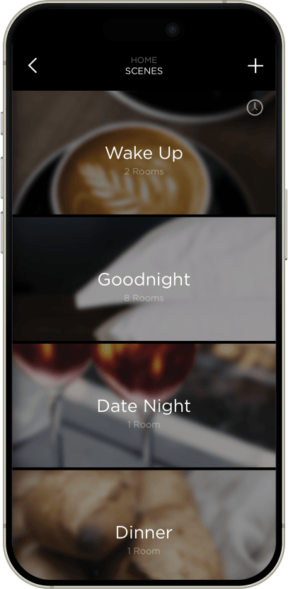 The Savant app showing home scenes on an iPhone