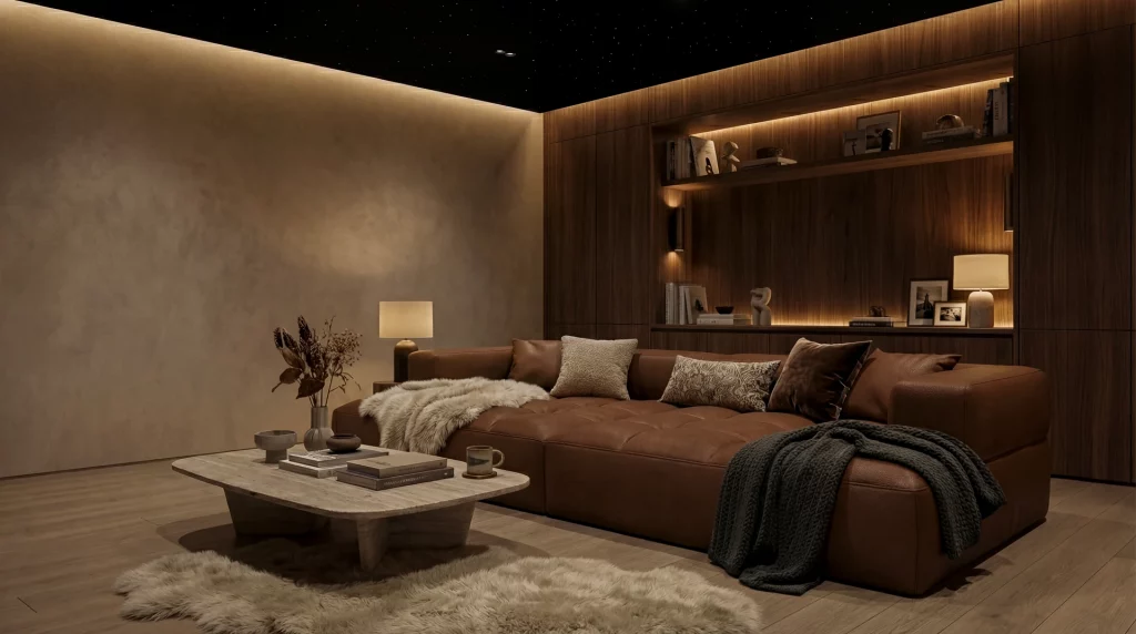 A relaxed luxury media room with lounge seating and layered architectural lighting