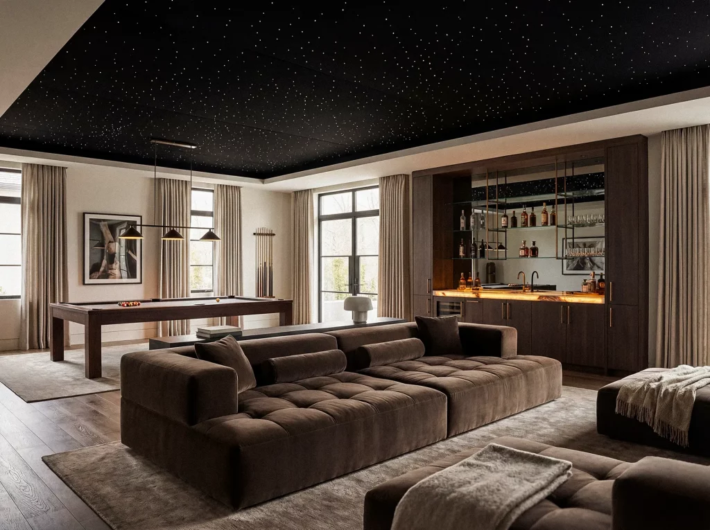 A luxury media room open to the rest of the home, built for living rather than only watching
