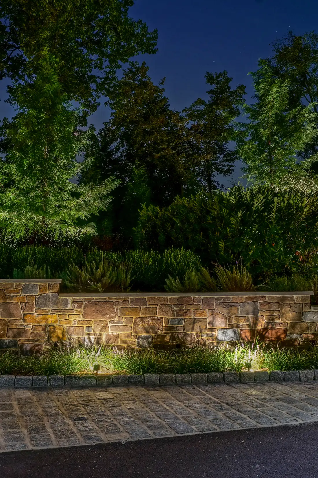 Warm light grazing a stone garden wall, raking out its texture