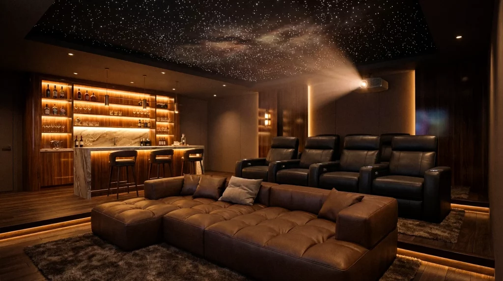 Dedicated home theater design with CinemaTech Montclair seating and ceiling projector