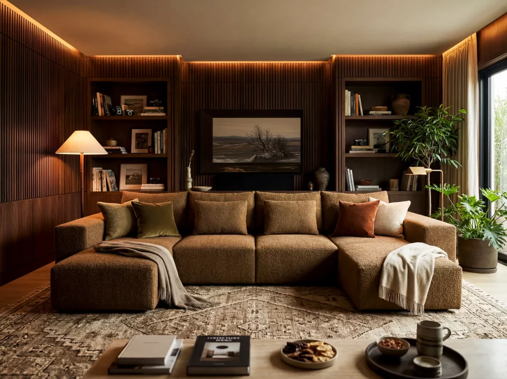 Luxury home theater design featuring a CinemaTech Greenwich sectional in a warm, layered media room